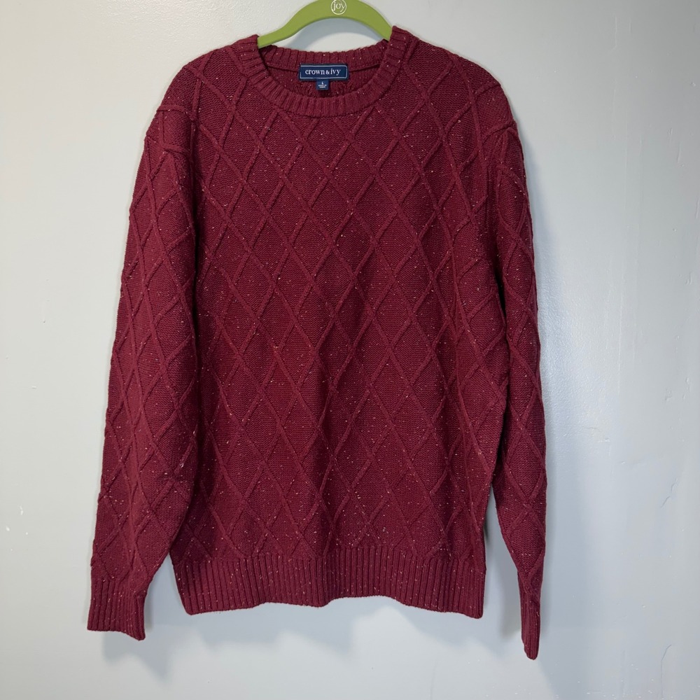 Crown & Ivy Mens Burgundy Diamond Cable Knit Confetti Fleck Sweater Large Maroon